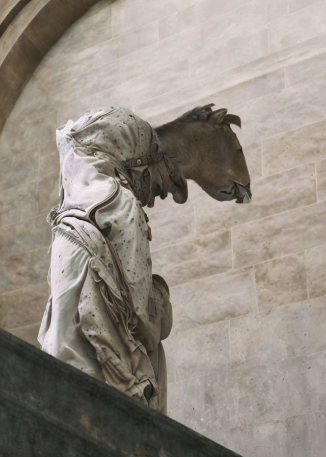 Classical stone horse statue with intricate draped fabric detailing