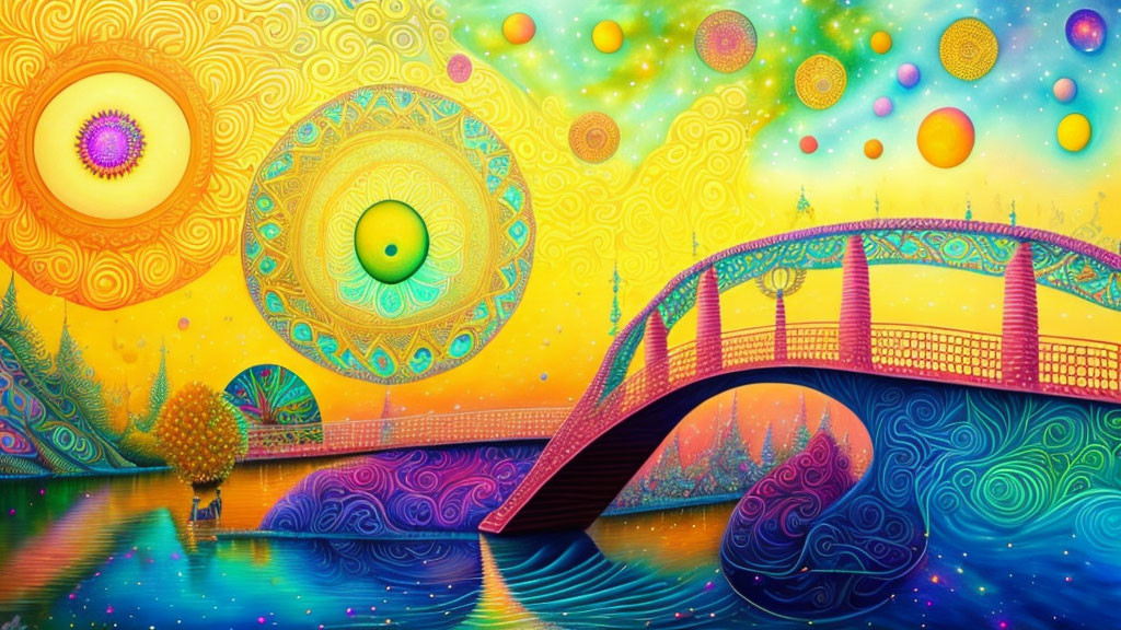 Colorful Bridge Over Water in Psychedelic Landscape