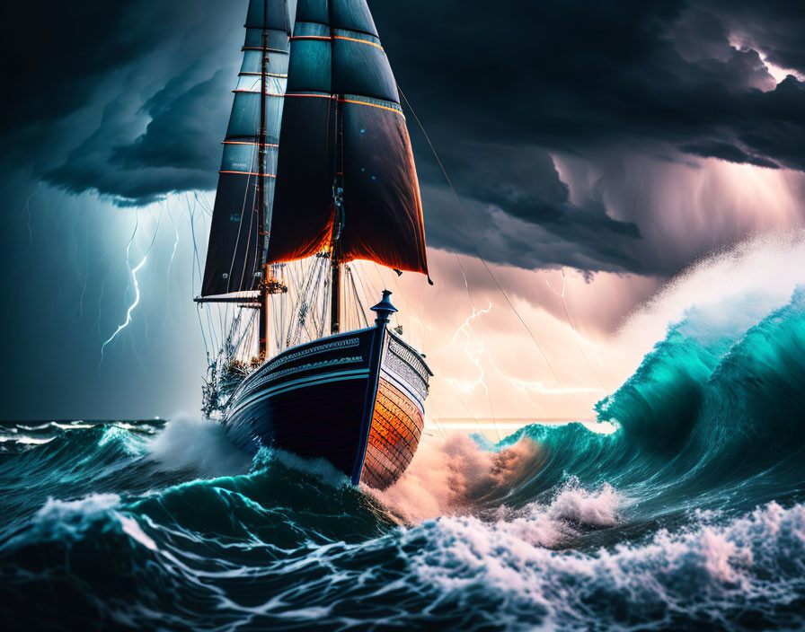 Red Sails Ship in Stormy Seas with Lightning