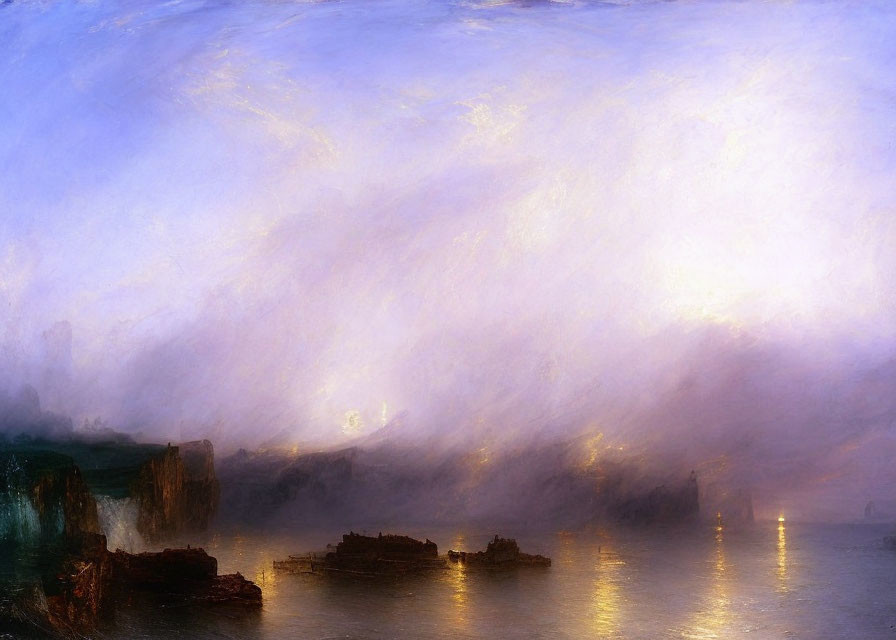 Maritime scene painting: misty ocean at dawn or dusk