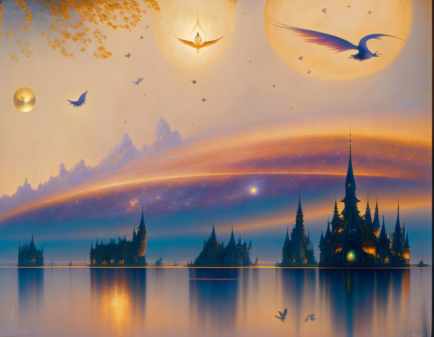 Fantasy landscape with castle, lake, birds, oversized lamps, celestial backdrop