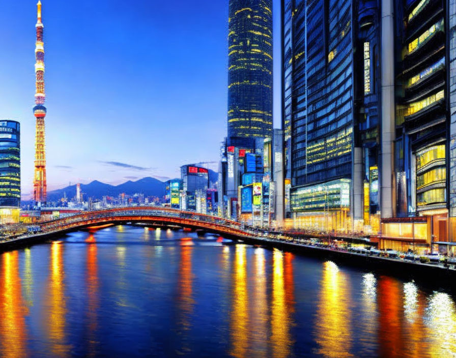 Cityscape at Dusk with Tower, Skyscrapers, Bridge, River, and Lights