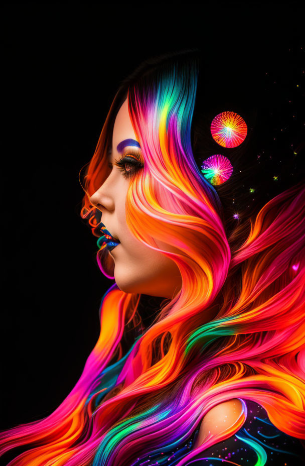 Vibrant rainbow-colored hair and makeup on woman against black background