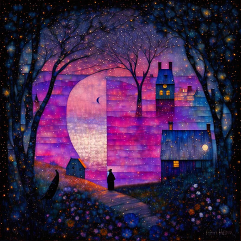 Vibrant painting of a starlit village with moon and figure