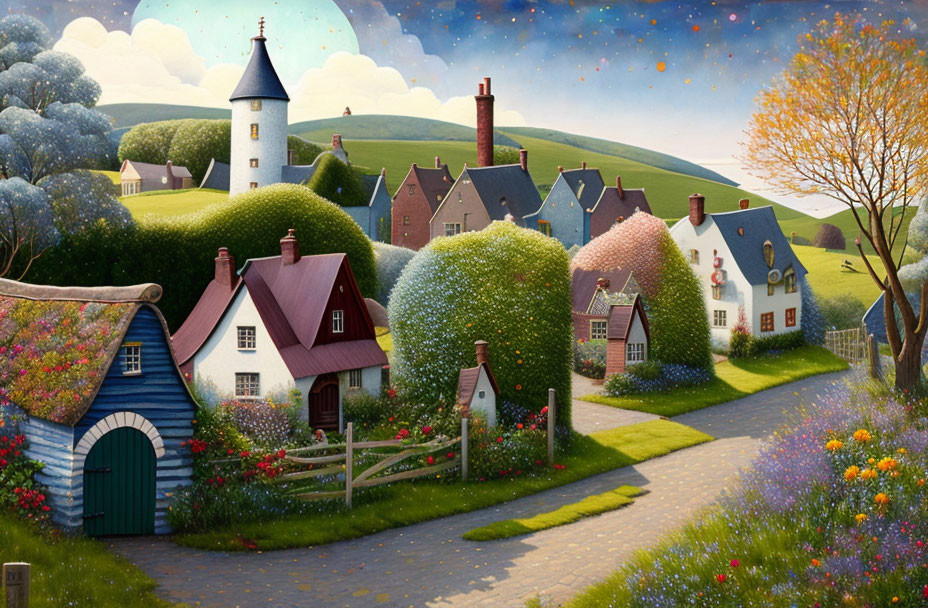 Tranquil village scene with quaint houses, lush greenery, winding path, starry sky,