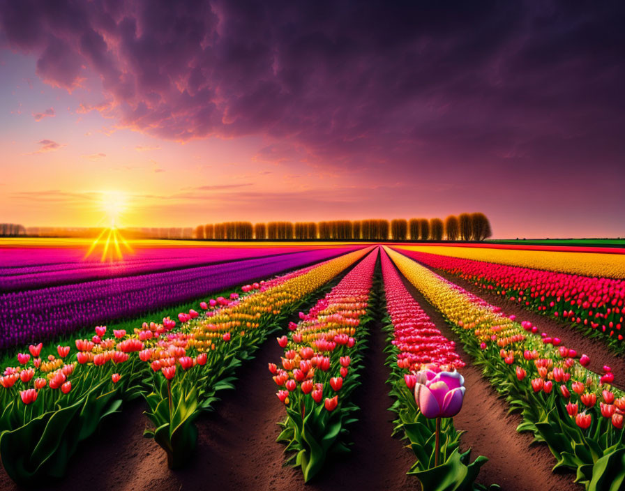 Colorful Tulip Field Under Sunset Sky with Tree Silhouette