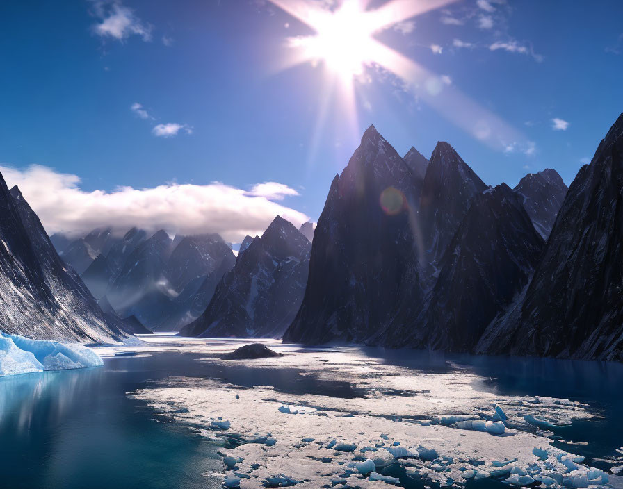 Snow-covered mountains and frozen sea with scattered icebergs in serene polar landscape