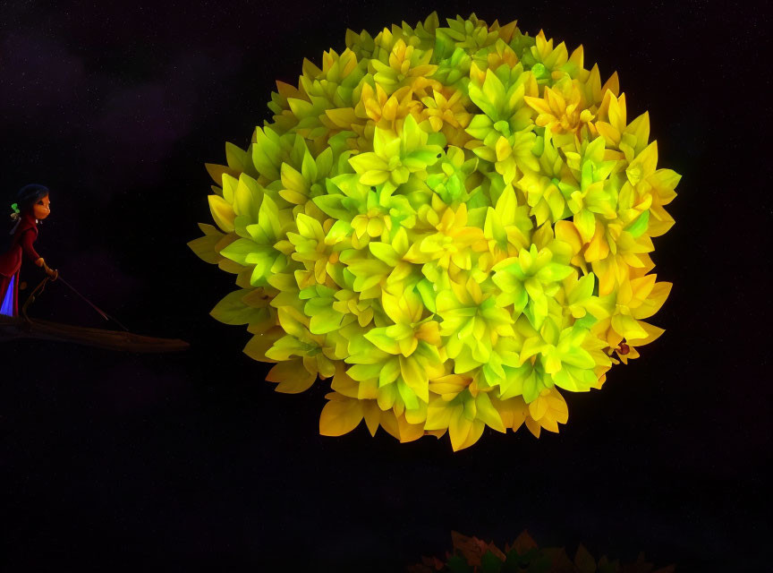 Canoe paddling near giant glowing globe of yellow flowers