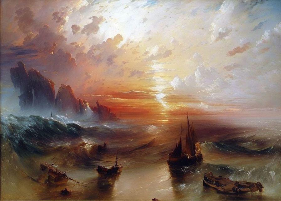 Dramatic sunset seascape with stormy ocean waves and ships.