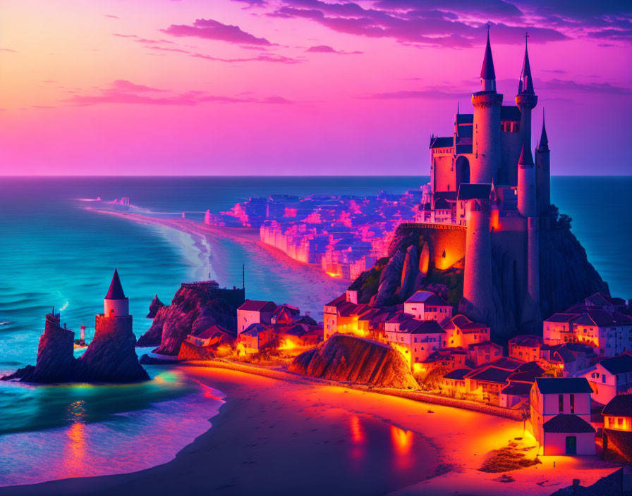 Twilight sky over coastal village with castle on cliffs