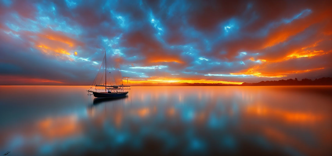 Sailboat anchored on tranquil lake at sunset