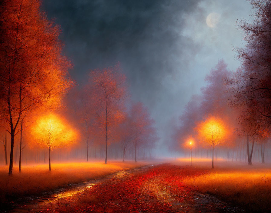 Twilight foggy landscape with glowing orange trees and moonlit sky