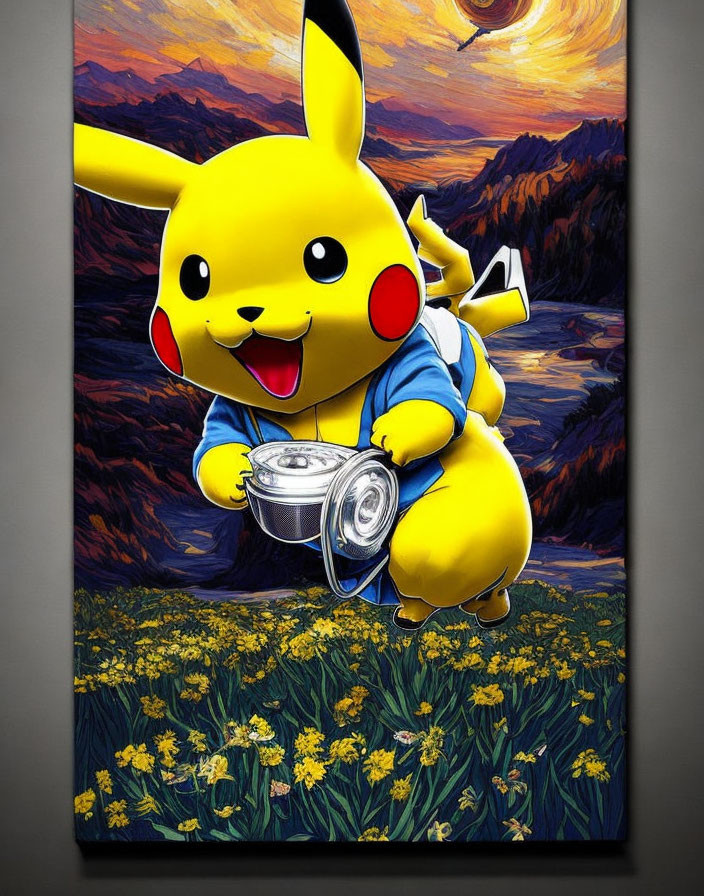 Colorful Pikachu Artwork with Camera in Sunny Floral Setting