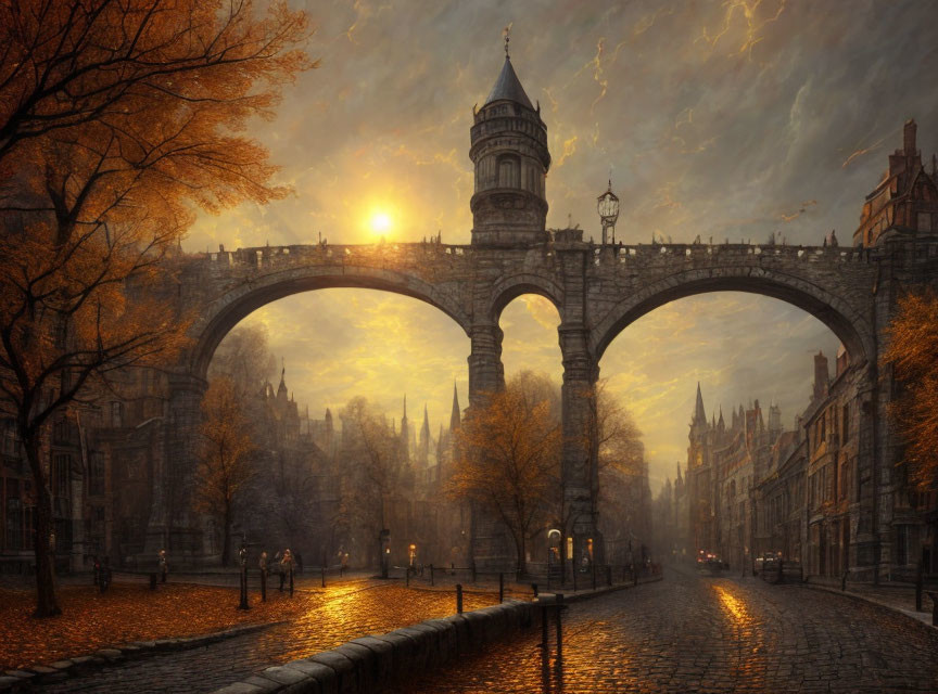 Cobblestone street under old stone arch bridge at sunset