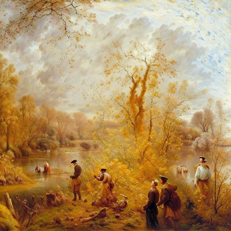 Vintage attired individuals by river amidst autumnal scene.