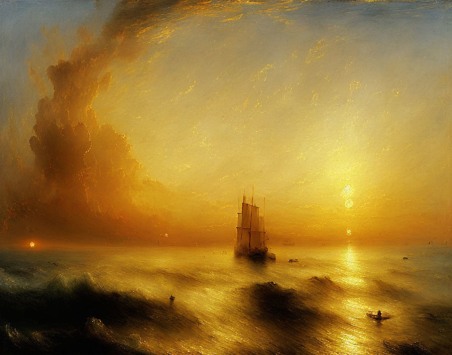 Sailing ship painting: sunset sea scene with golden sky and rough waves