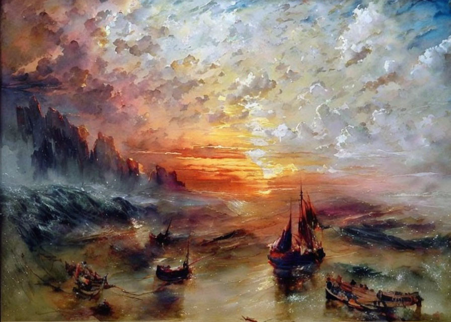 Vivid sunset seascape with ships on turbulent sea