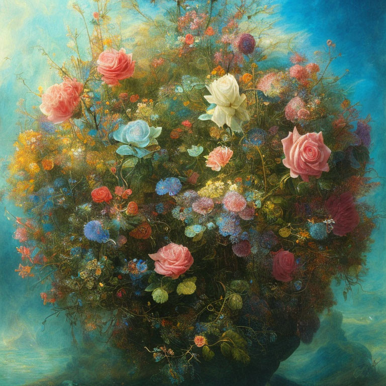 Colorful Bouquet Painting on Dreamy Blue Background