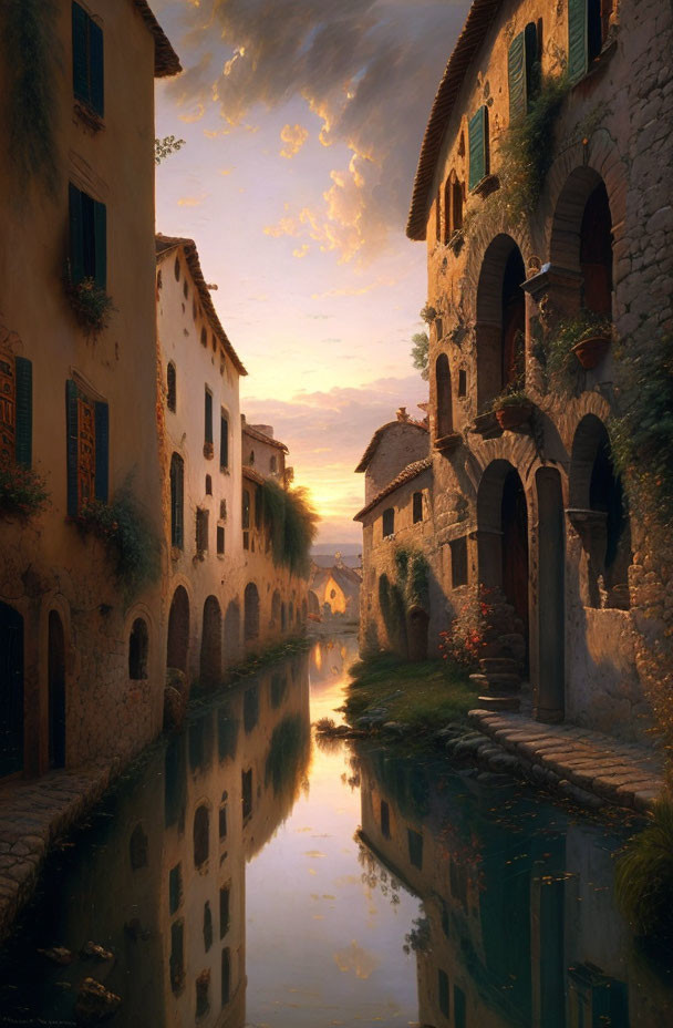 Picturesque European Canal Street at Sunset with Historic Stone Houses and Arches Reflected in Water