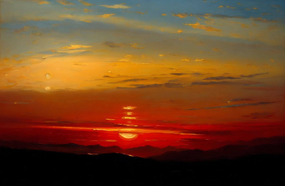 Vibrant sunset painting with red, orange, and yellow hues over silhouetted mountains