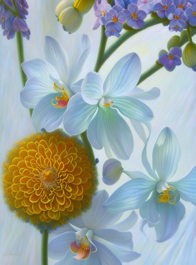 Colorful Painting of Pale Blue Orchids with Yellow-Centered Flower