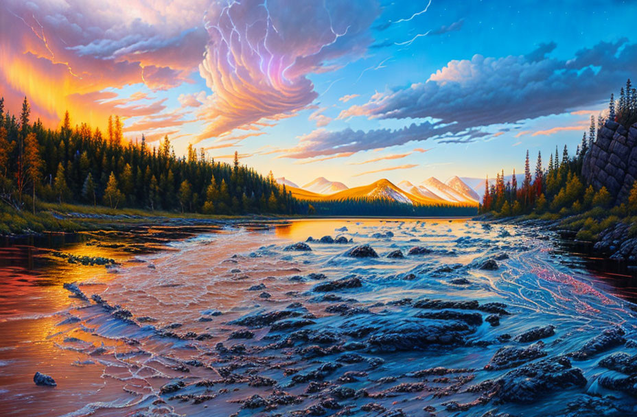 Dramatic sunset landscape with turbulent river, forests, and mountains