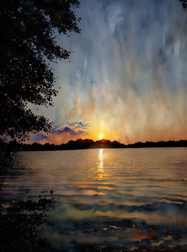 Tranquil sunset over calm lake with tree silhouettes and cloudy sky