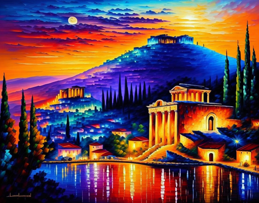 Vibrant Mediterranean sunset painting with crescent moon reflection