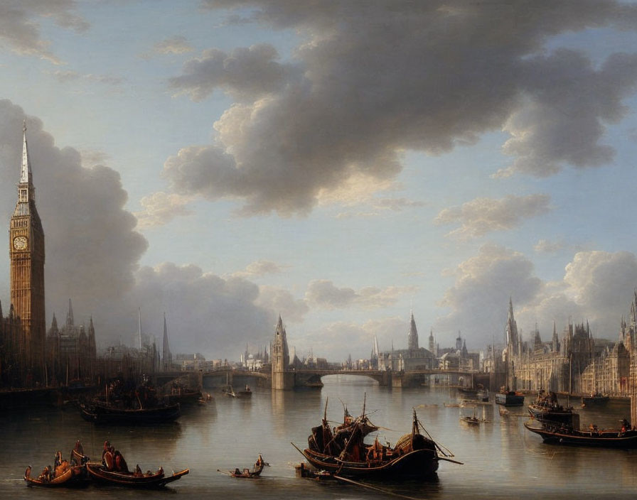 Historical river scene painting with boats, Big Ben, Thames, and cloud-filled sky.