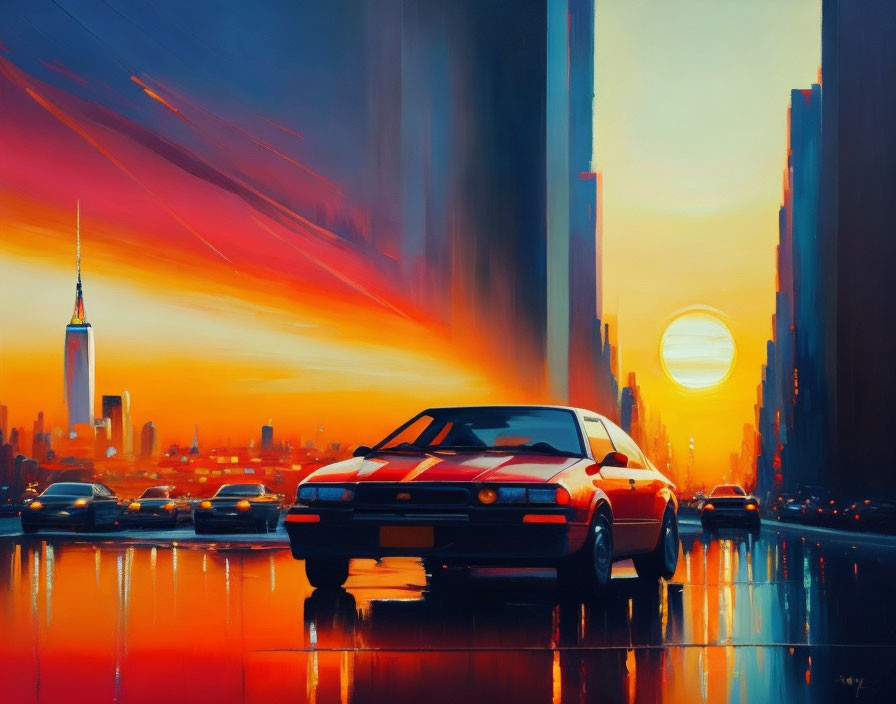 Futuristic cityscape at sunset with classic car and skyscrapers