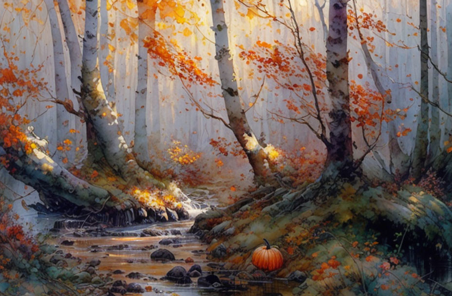 Autumnal forest with orange and yellow leaves, stream, moss-covered tree roots, and pumpkin.