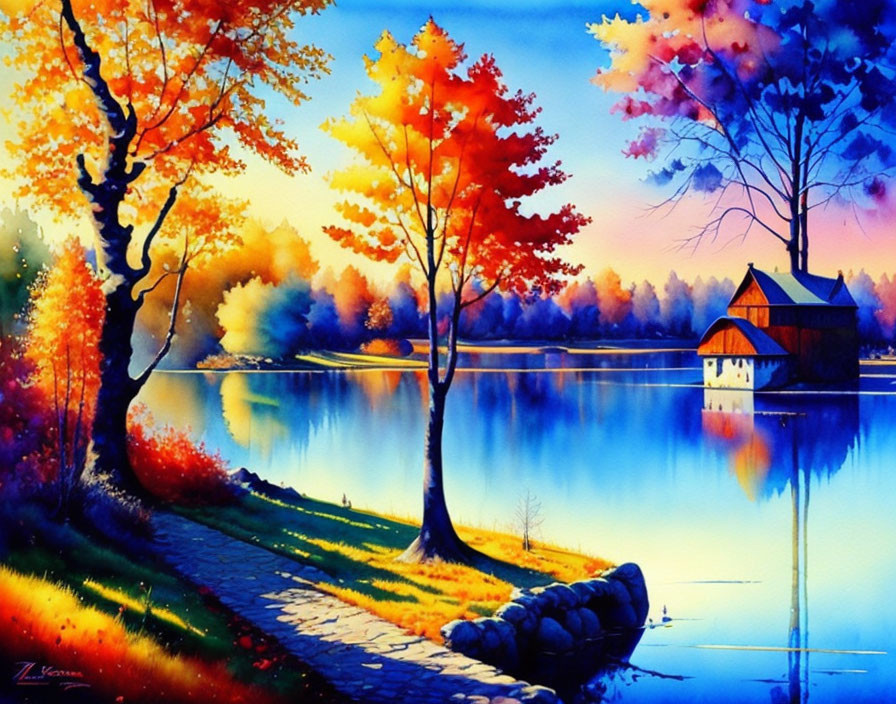 Serene lakeside scene with autumn trees and cottage at dusk.