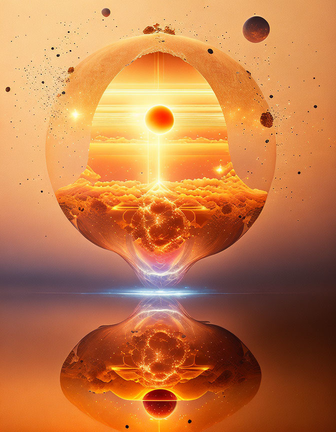 Hourglass with cosmos scene: stars, planets, sun, orange sky