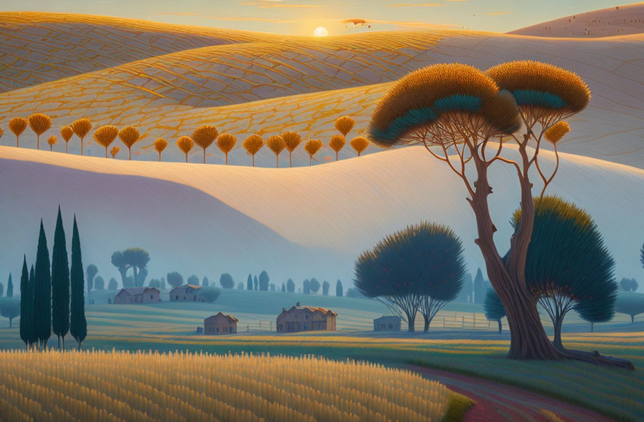 Stylized pastoral landscape with sunset over hills, crops, trees