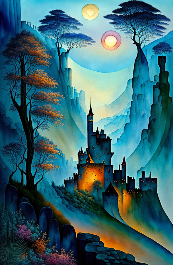 Fantastical castle painting with dual suns in mountainous landscape