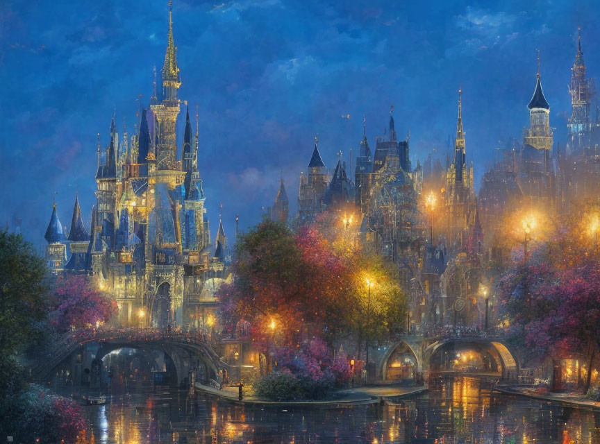 Majestic illuminated castle in autumnal setting by calm waters