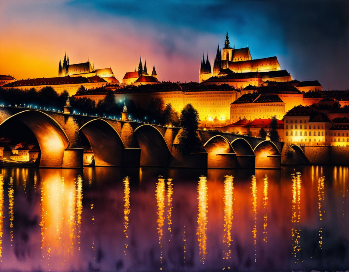 Prague Night View: Castle, Charles Bridge, Vltava River at Dusk