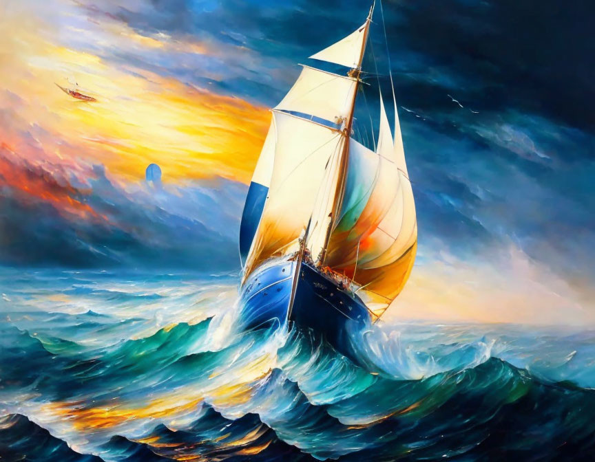 Colorful painting of sailing ship in turbulent seas at sunset