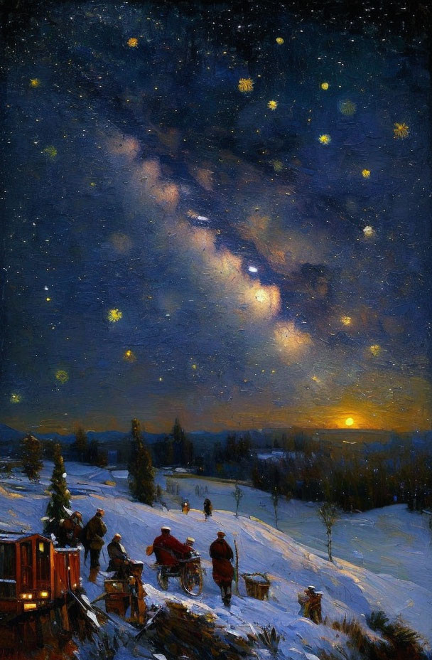 Snowy landscape with horse-drawn sleighs under starry sky