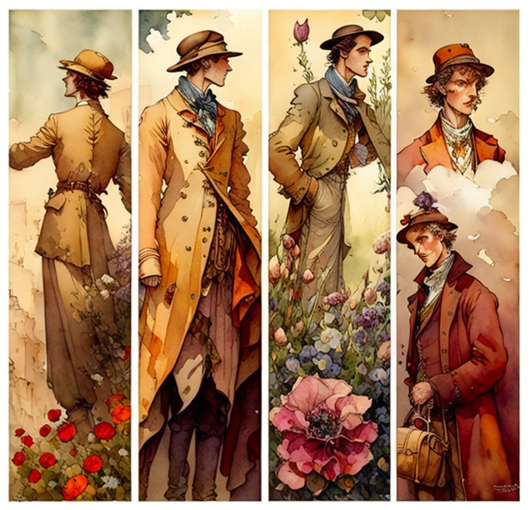 Seasonal Transition Illustrations: Victorian Attire & Flora Details