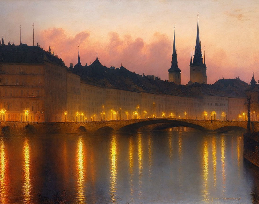 Serene river at twilight with stone bridge and illuminated buildings