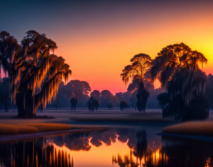 Tranquil sunrise with Spanish moss trees reflected in calm lake