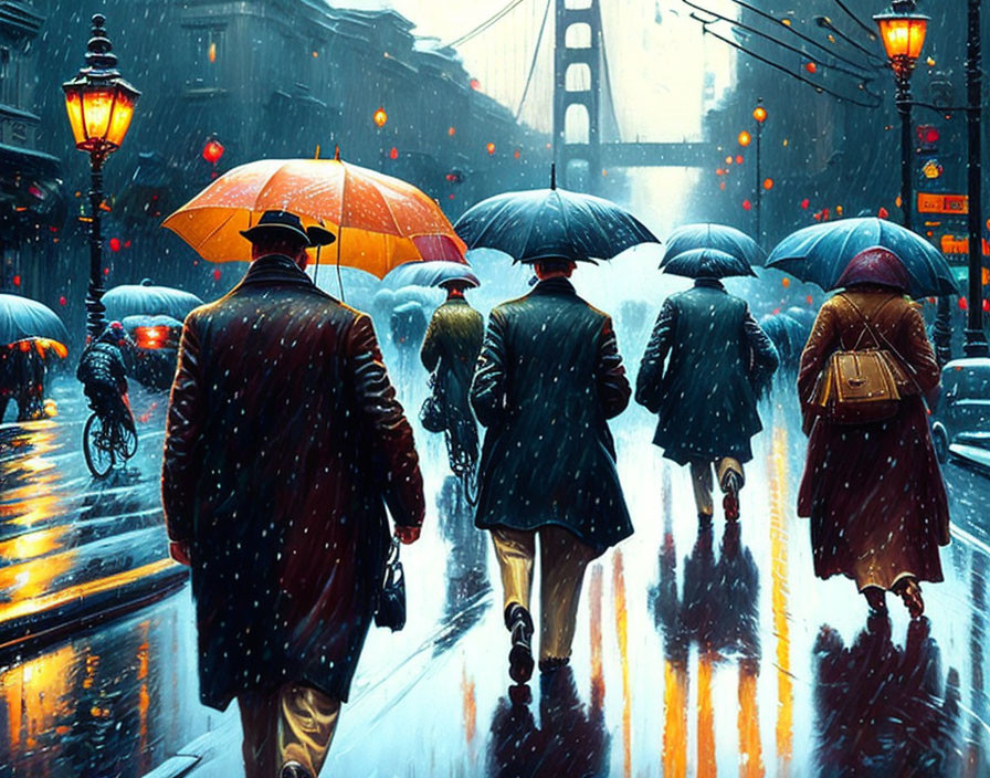 Rainy street scene with people holding umbrellas and glowing street lamps, Golden Gate Bridge in the background