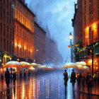 Vibrant painting of bustling street at dusk with illuminated buildings