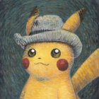 Pikachu in blue hat with swirling background inspired by Van Gogh