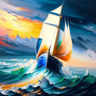 Colorful painting of sailing ship in turbulent seas at sunset