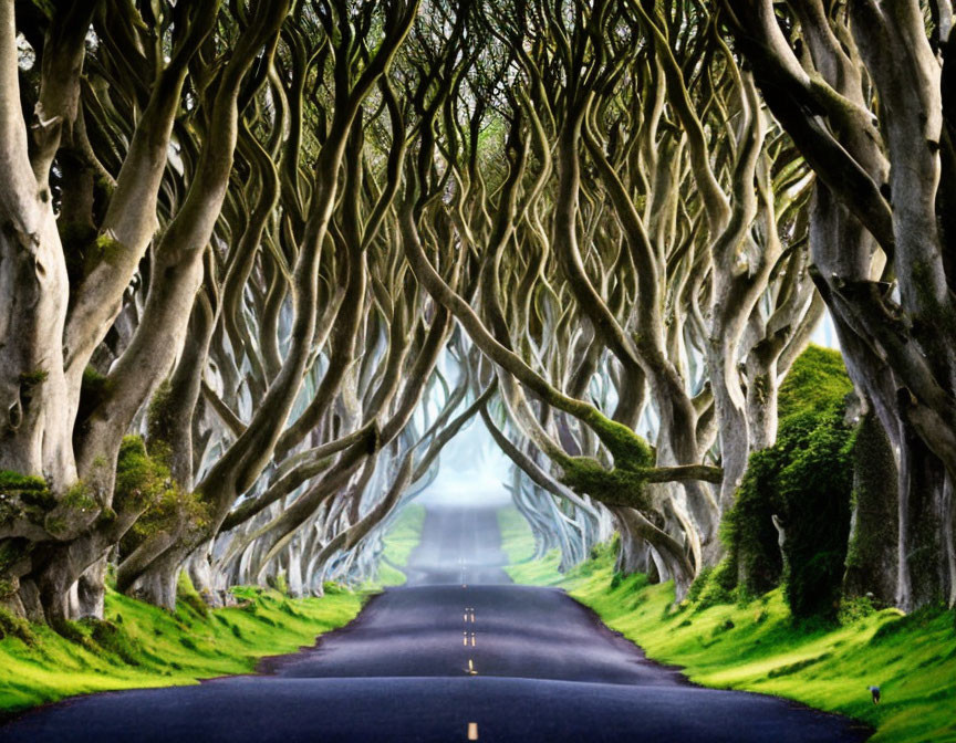 Beech tree-lined road forming a green canopy in Northern Ireland