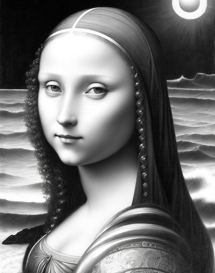 Monochromatic Mona Lisa reinterpretation with lunar eclipse and sea background