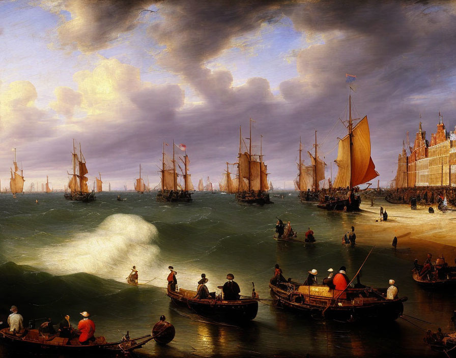 Maritime painting of sailboats in bustling port under dramatic sky