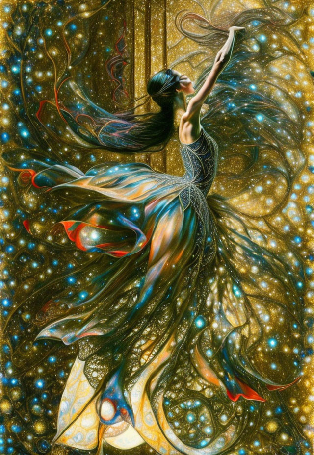 Ethereal figure in cosmic gown dances under starry sky